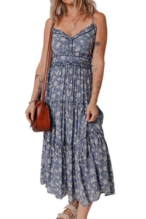 Women's Blue Floral Spaghetti Strap Frilled V Neck Tiered Midi Dress for Summer