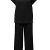 Women's Black Solid Color Textured Short Sleeve Top and Casual Pants Set - Image 8