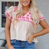 Women's Beige Floral Embroidered Blouse with Notched V Neck and Flutter Sleeves - Image 7
