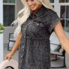 Women's Black Short Sleeve Flap Pocket Button Up Raw Hem Denim Shirt - Image 8