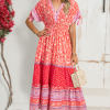 Women's Red Floral Print Tasseled Tied Sleeve Empire Waist Maxi Dress for Summer Vacations - Image 3