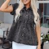 Women's Black Short Sleeve Flap Pocket Button Up Raw Hem Denim Shirt - Image 6