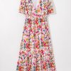 Women's Red Floral Short Sleeve V Neck High Waist Maxi Dress - Elegant and Flattering - Image 21