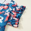 Plus Size Blue Abstract Print Shirred Ruffled Short Sleeve Mini Dress - Image 9