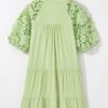 Plus Size Laurel Green Floral Crochet Short Sleeve Notch V Neck Tiered Mini Dress - Image 8