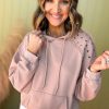 Women's Fushia Solid Color Rivet Stud Raglan Sleeve Hoodie with Pocket - Image 4