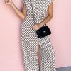 Chic Women's Khaki Checkered Print Buttoned Crew Neck Wide Leg Jumpsuit - Image 4