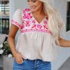 Women's Beige Floral Embroidered Blouse with Notched V Neck and Flutter Sleeves - Image 5