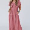 Elegant Rose Pink Textured V Neck Flutter Sleeve Ruffled Maxi Dress for Women - Image 10