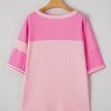 Trendy Women's Pink Stripe Color Block Patchwork Half Sleeve T-Shirt - Image 15