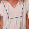 Women's White Colorful Fringed Tassel Tie Neck Short Sleeve Blouse - Image 7