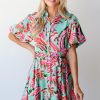 Women's Green Abstract Print Lace-up High Waist Buttoned Mini Dress - Image 4