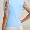 Women's Beau Blue Floral Mesh Puff Sleeve Crew Neck Top - Elegant Summer Blouse - Image 2