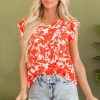 Women's Orange Floral Ruffle Sleeve Print Top with Stylish V Neck - Image 8