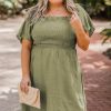 Elegant Grass Green Plus Size Frilly Square Neck Flutter Sleeve Dress - Image 4