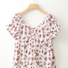 Women's White Boho Floral Ruched Short Sleeve Blouse with Sweetheart Neckline - Image 3