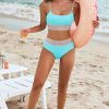 Women's Turquoise Striped Patchwork High Waist Bikini Swimsuit with Spaghetti Straps - Image 13