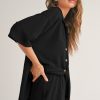 Women's Black Solid Color Textured Buttoned Shirt and Wide Leg Casual Pants Set - Image 3