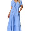 Elegant Sky Blue Textured V Neck Flutter Sleeve Ruffled Maxi Dress for Women - Image 16