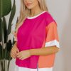 Women's Rose Red Color Block Patchwork Loose Fit T-Shirt with Side Slits - Image 3