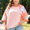 Women's Plus Size Orange Floral Print Patchwork Raglan Half Sleeve Top - Image 7