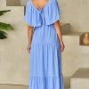 Elegant Sky Blue Textured V Neck Flutter Sleeve Ruffled Maxi Dress for Women - Image 2