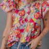 Women's Multicolour Floral Blouse with Lace Trim and Ruffle Short Sleeves - Image 7