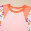 Women's Plus Size Orange Floral Print Patchwork Raglan Half Sleeve Top - Image 11