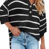 Women's Black Stripe Henley Knit Sweater Tee with Buttoned Placket and Drop Shoulder - Image 8