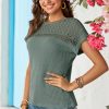 Women's Mist Green Lace Patchwork Waffle Short Sleeve Top - Elegant and Breathable - Image 7