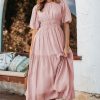 Women's Pink Puff Sleeve Pleated High Waist Flowy Long Dress - Perfect for Summer Occasions - Image 4