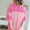 Trendy Women's Pink Stripe Color Block Patchwork Half Sleeve T-Shirt - Image 8