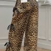 Women's Brown Leopard Print Bow Tie Drawstring High Waist Pants - Image 2