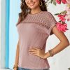 Elegant Women's Light Pink Lace Patchwork Waffle Short Sleeve Top - Image 6