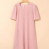 Blossom Pink Corded Knit Crew Neck Puff Sleeve Shift Mini Dress for Women - Image 5