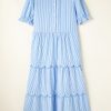 Elegant Sky Blue Stripe Bubble Short Sleeve Tiered Scallop Long Dress - Image 3