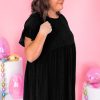 Plus Size Black Textured Ruffled Sleeve Babydoll Dress with Pockets - Image 5