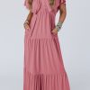 Elegant Rose Pink Textured V Neck Flutter Sleeve Ruffled Maxi Dress for Women - Image 8