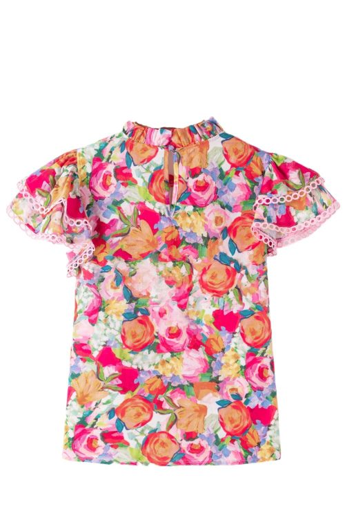 Women's Multicolour Floral Blouse with Lace Trim and Ruffle Short Sleeves