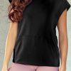 Women's Black Solid Color Cap Sleeve Hoodie with Kangaroo Pocket - Image 5