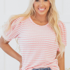 Women's Pink Stripe Textured Puff Sleeve Crewneck Top - Casual Chic - Image 5