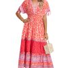 Women's Red Floral Print Tasseled Tied Sleeve Empire Waist Maxi Dress for Summer Vacations - Image 5