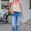 Women's Beige Floral Embroidered Blouse with Notched V Neck and Flutter Sleeves - Image 8