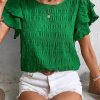 Women's Dark Green Textured Ruffled Sleeve Round Neck Top - Elegant and Playful Design - Image 3