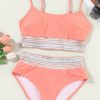 Women's Peach Blossom Striped Patchwork High Waist Bikini Swimsuit - Spaghetti Strap Design - Image 22