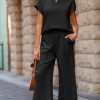 Women's Black Solid Color Textured Short Sleeve Top and Casual Pants Set - Image 5