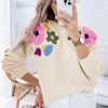 Women's Beige Knitted Flower Pattern Ribbed Edge Sweater - Image 3