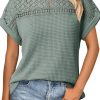 Women's Mist Green Lace Patchwork Waffle Short Sleeve Top - Elegant and Breathable - Image 2