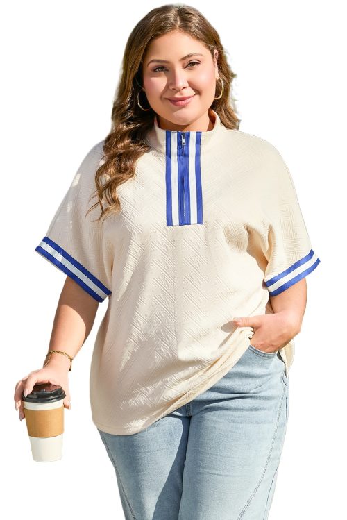 Women's Plus Size White Varsity Half Zip Textured Top with Navy Collar