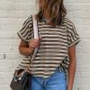 Women's Brown Stripe Textured Side Slits Crew Neck T-Shirt - Casual Summer Style - Image 5